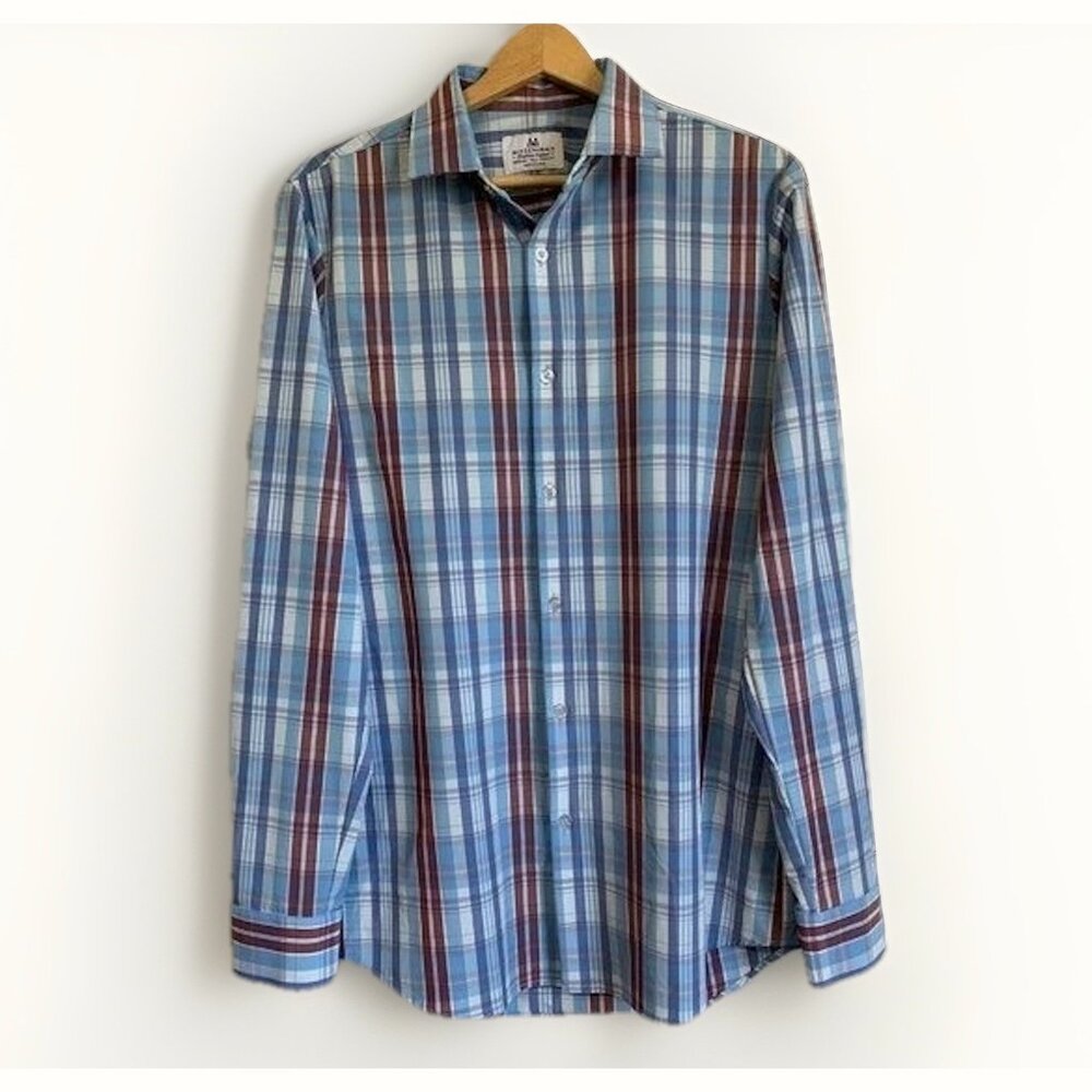Mizzen + Main Shirt Men Medium TALL Trim Fit Blue Plaid Preppy Casual Stretch